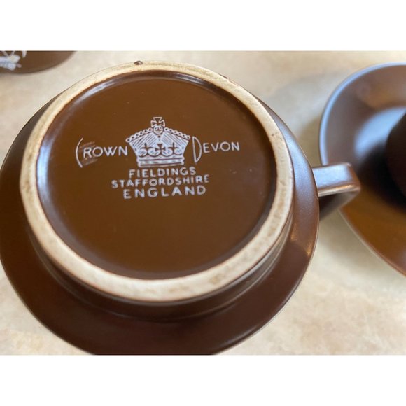 Crown Devon Open Sugar Bowl & Creamer With 5 Cups And Saucers Brown And Orange - Picture 5 of 5